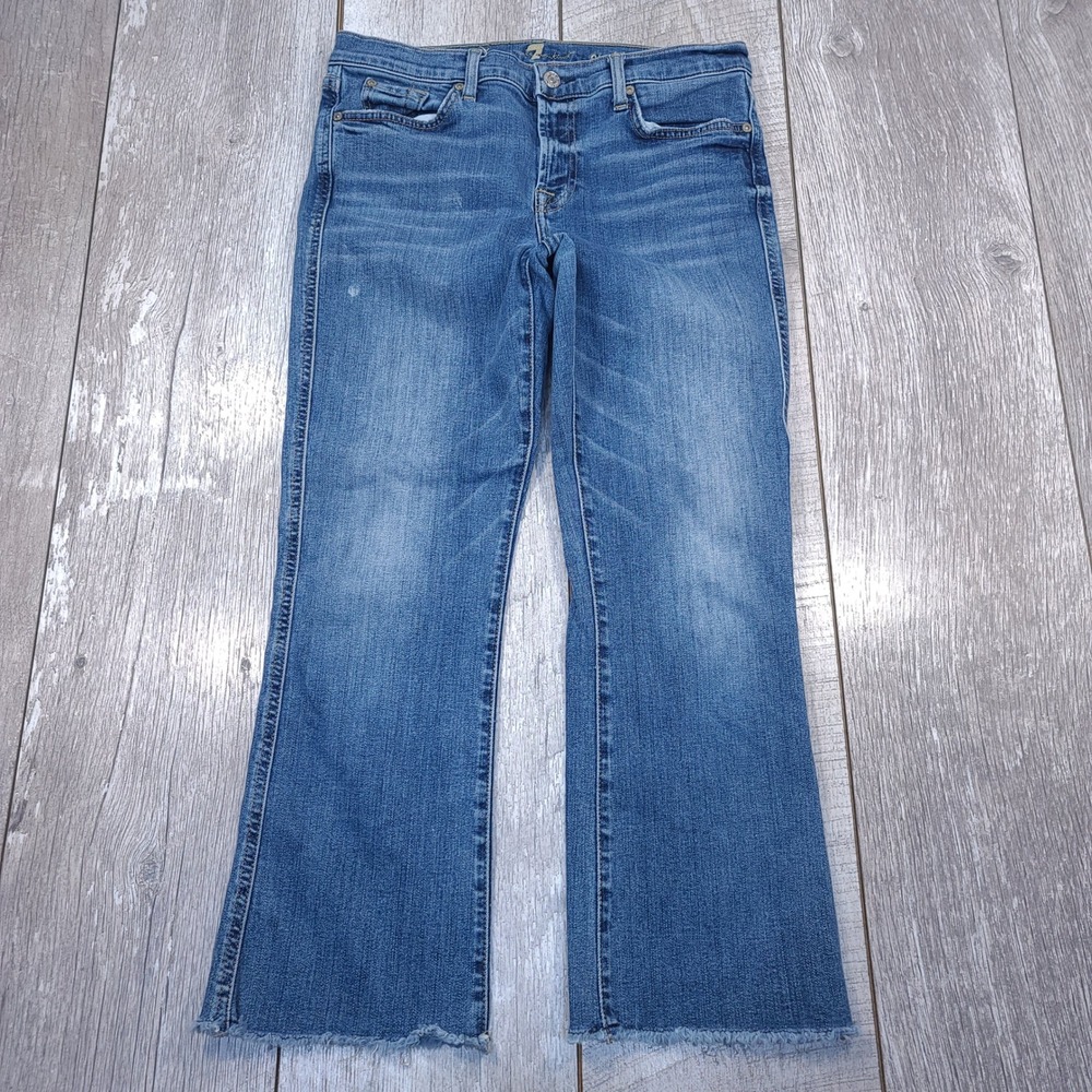 7 For All Mankind Cropped Boot Jeans Women 30 Blue Raw Hem Stretch Denim